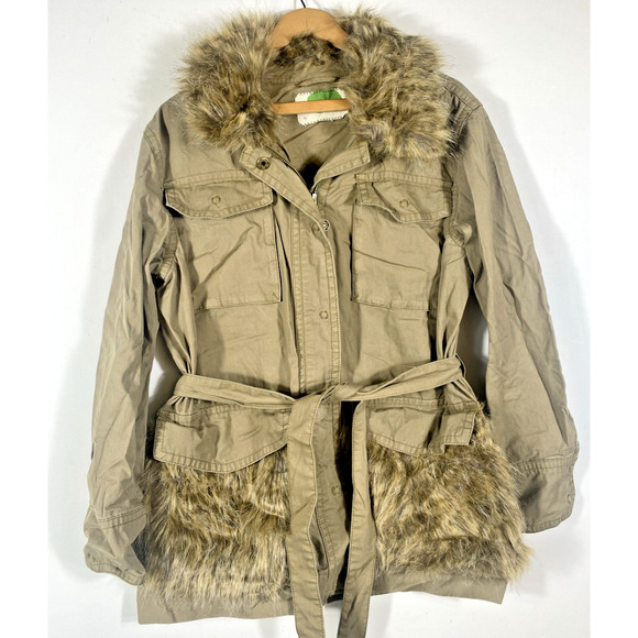 Anthropologie Faux Fur Trimmed Field Jacket Medium Military Boho Belted Womens - Picture 3 of 10
